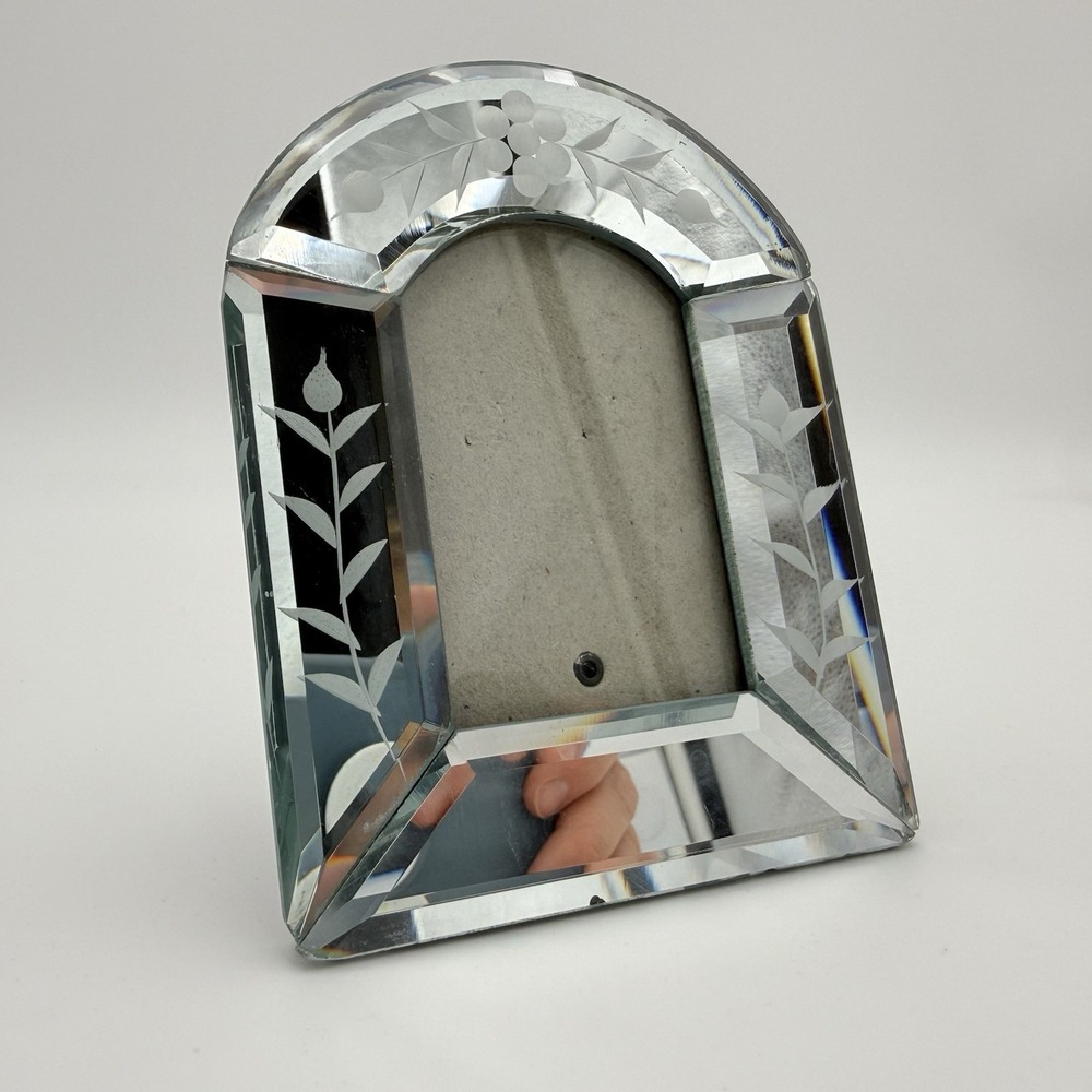 Vtg Art Deco Etched Glass Mini Picture Frame 2x3 Crystal Like Glam Mirror Frame
